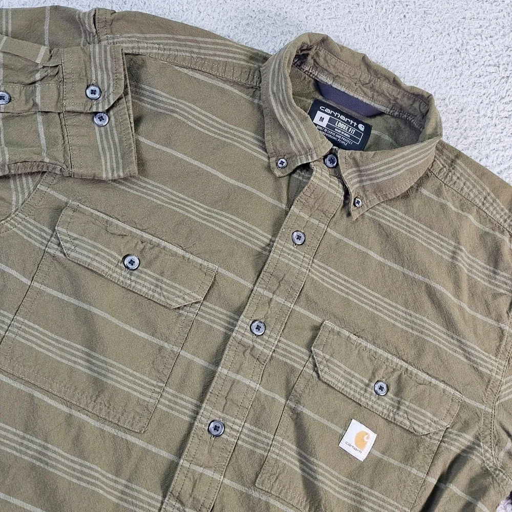 Carhartt Shirt Mens Medium Green Stripe Long Sleeve Button Up Loose Fit Workwear